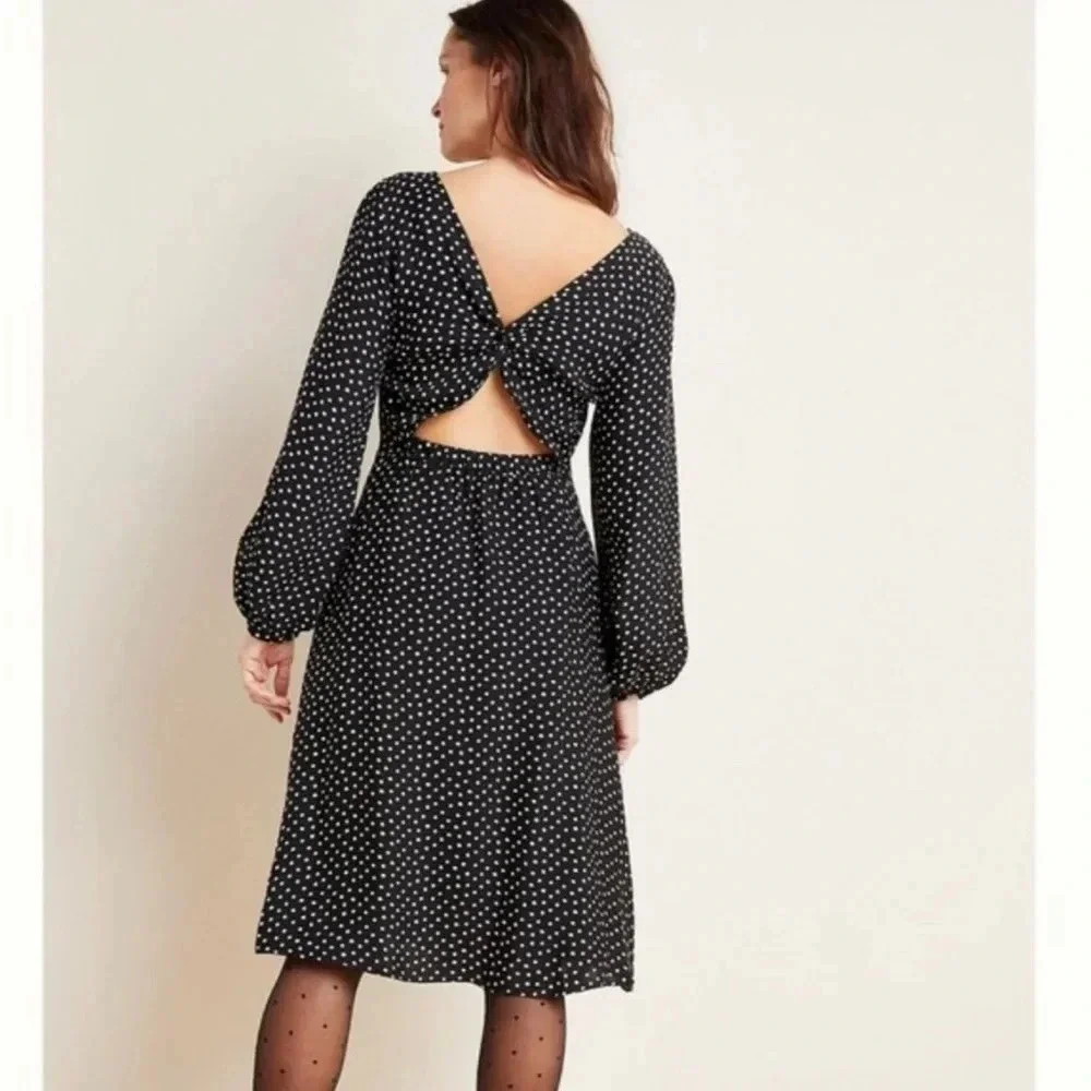 Anthropologie Black White Polka Dot Open Back Flowy Fit Flare Swing Dress
